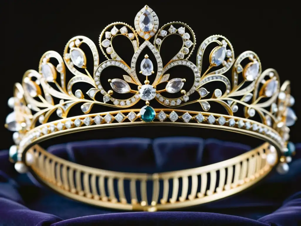 Una tiara de boda del siglo XVIII, con diamantes y detalles filigrana, resalta contra terciopelo oscuro