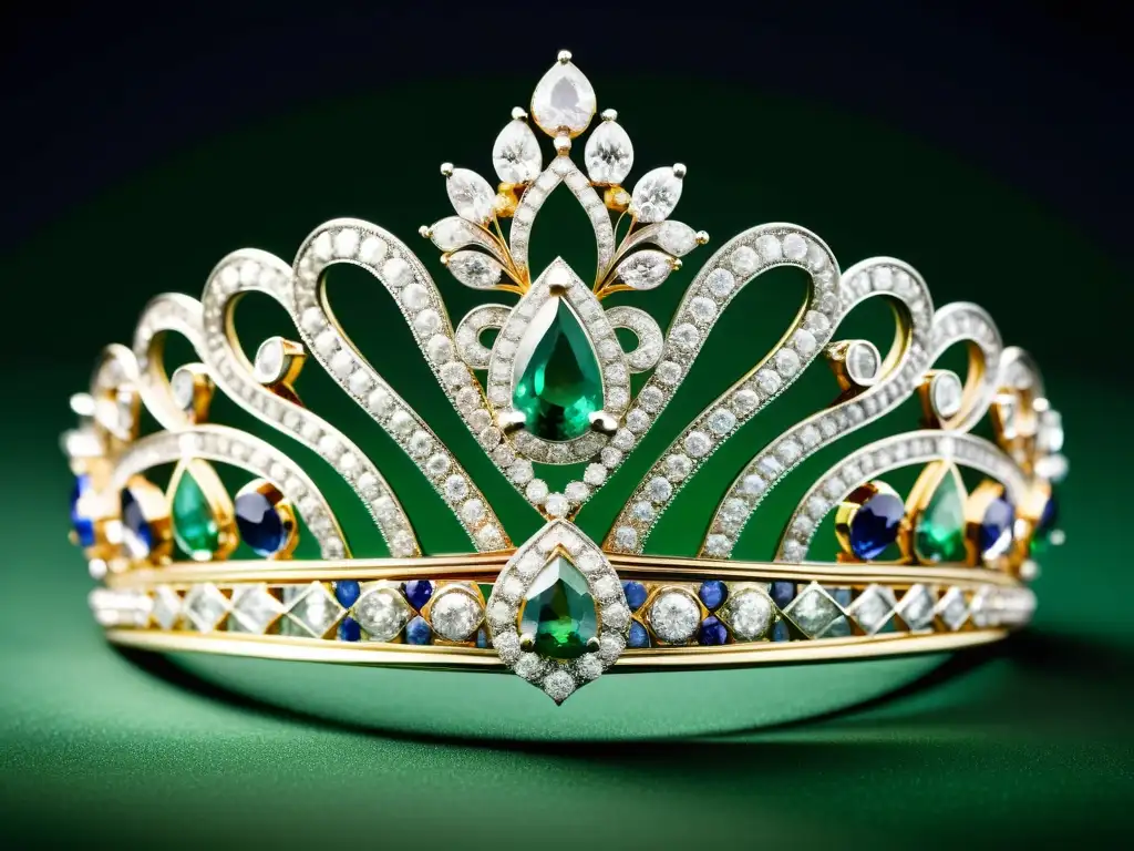 Esplendor del siglo XIX: Tiara Cartier con diamantes y gemas Tiara de diamantes Cartier del siglo XIX, con filigrana de platino, diamantes, zafiros y esmeraldas
