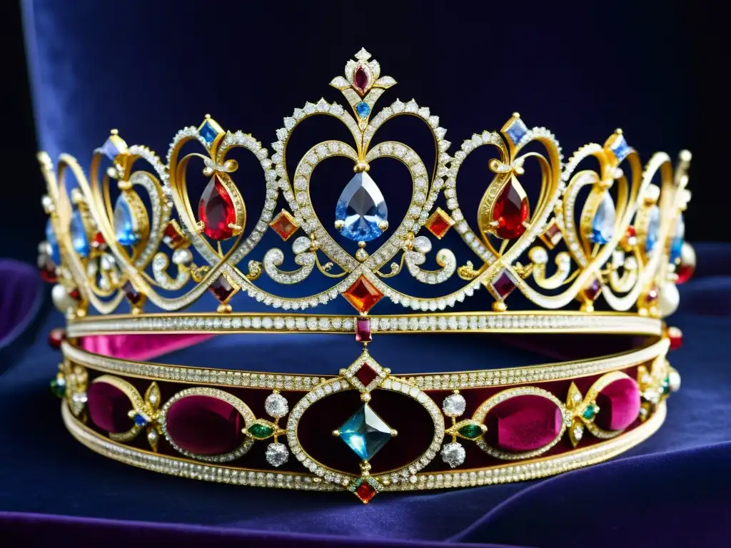 Una tiara de diamantes en la corte europea, con detalles y gemas deslumbrantes en un fondo de terciopelo