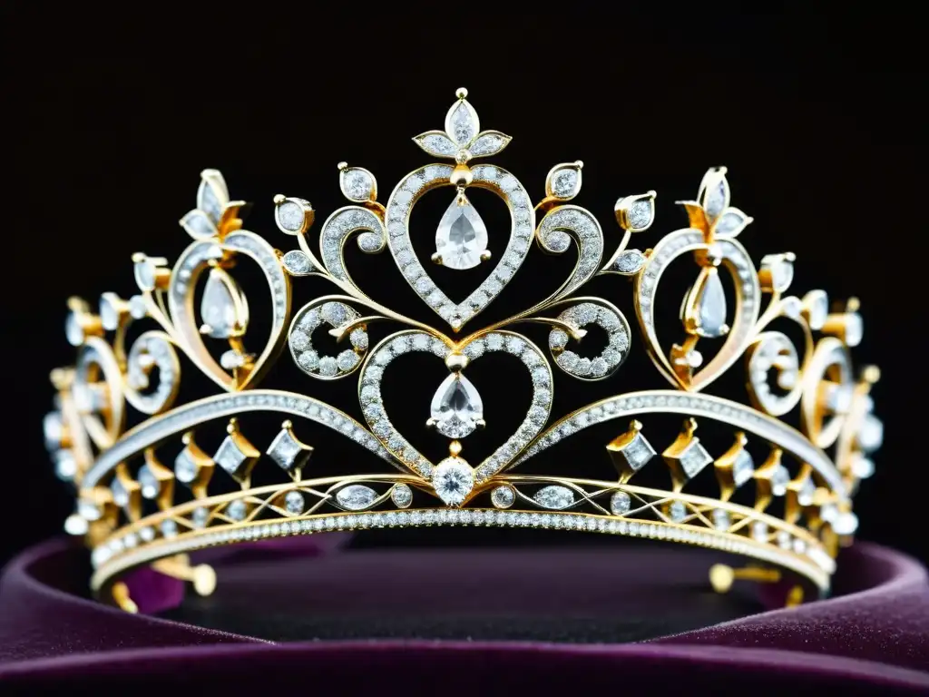 Una tiara de diamantes deslumbrante en un fondo de terciopelo oscuro, exudando elegancia y opulencia