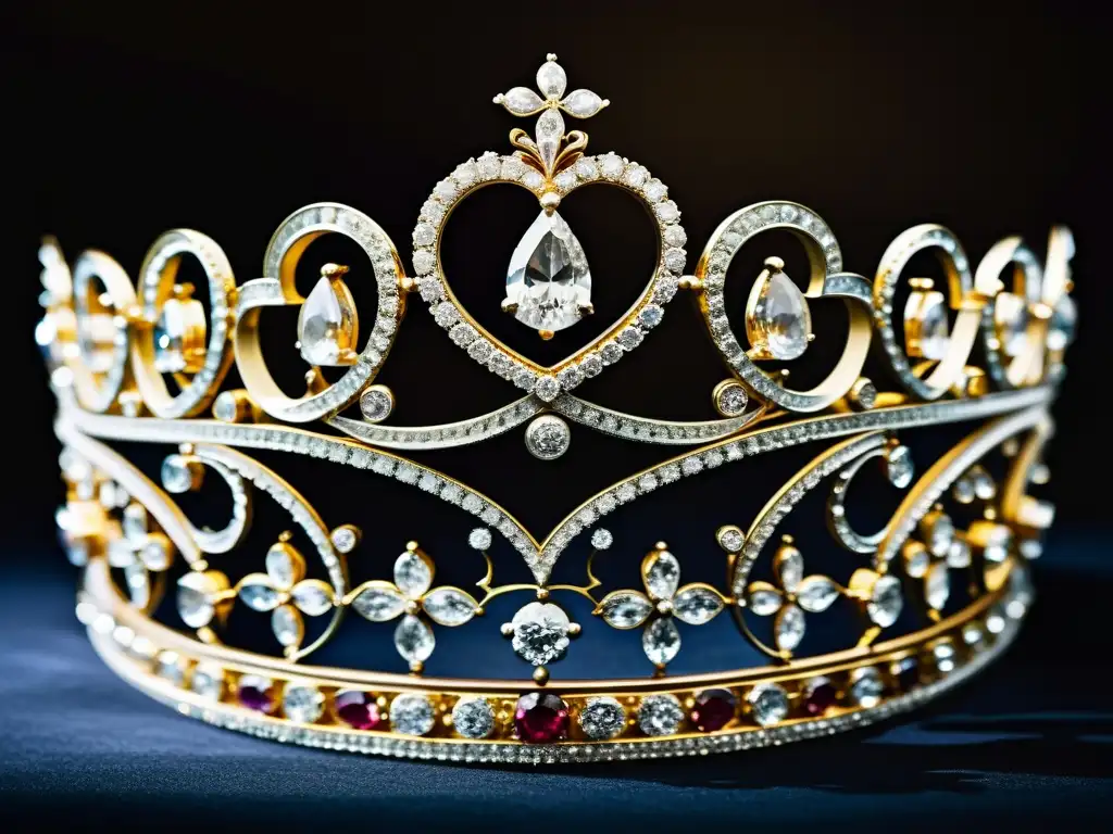 Una tiara de diamantes del siglo XVIII, con ornamentos florales y gemas brillantes, exhibida en un museo