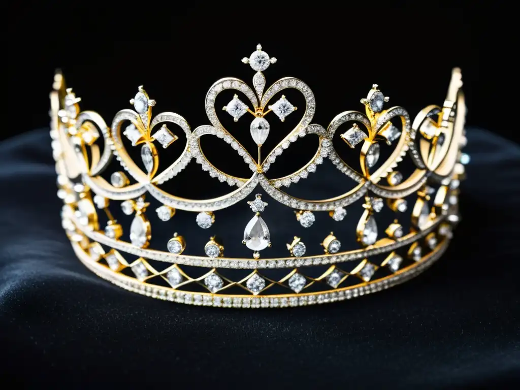 Una tiara de joyas de lujo, símbolos de poder y opulencia, con detalles intrincados y diamantes brillantes sobre terciopelo negro