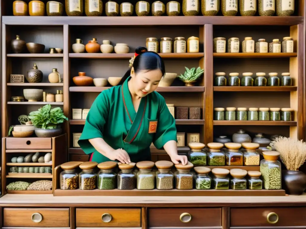 Una tienda de hierbas china tradicional con cajones de madera llenos de ingredientes botánicos