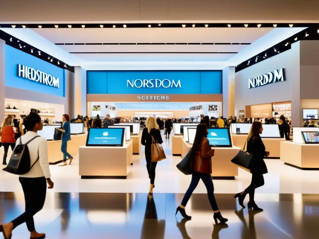 Una tienda Nordstrom llena de clientes, fusionando lo físico y lo digital con pantallas interactivas y servicios omnicanal