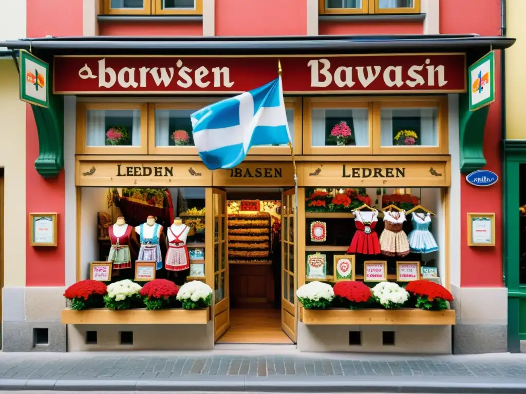 Tienda de ropa bávara con lederhosen y dirndls, bandera y flores en Munich, Alemania