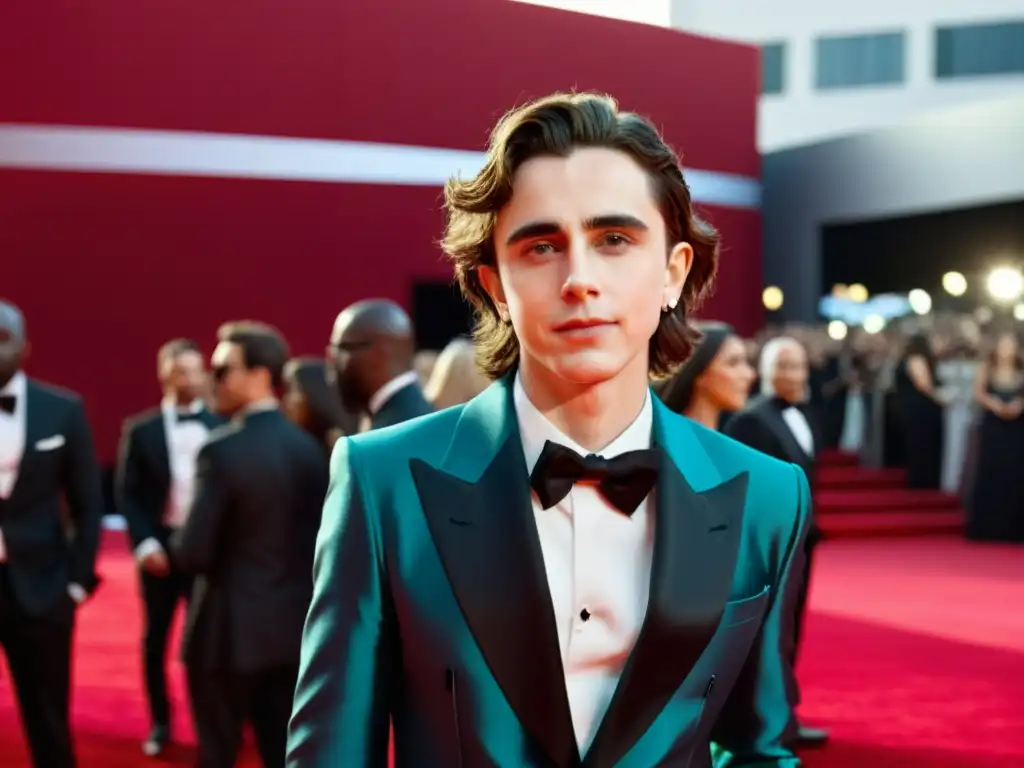 Timothée Chalamet, icono de moda en Hollywood, deslumbra en alfombra roja con su estilo vanguardista y elegante, rodeado de fanáticos y fotógrafos