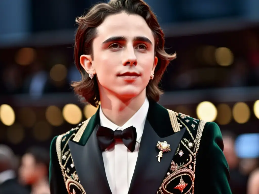 Timothée Chalamet en evento de moda, luciendo un traje vintage con bordados y detalles