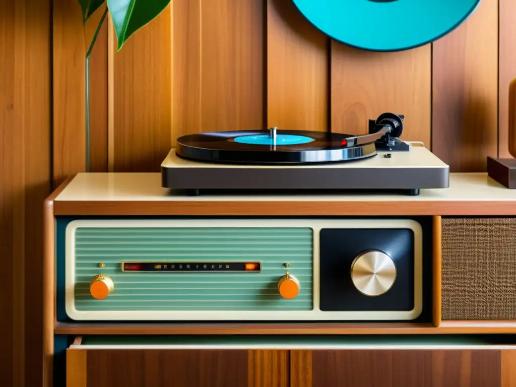 Un tocadiscos vintage en una cómoda moderna, rodeado de vinilos retro y un teléfono clásico