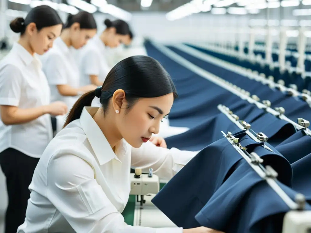 Un trabajador de fábrica inspecciona detenidamente una camisa blanca de Everlane