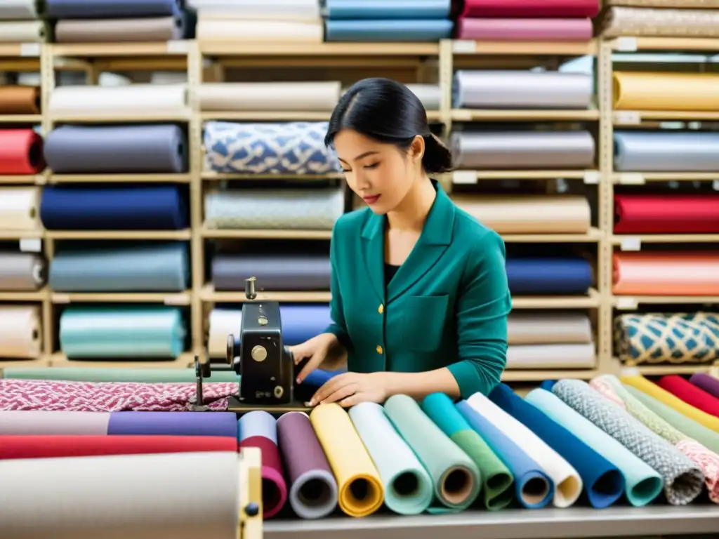 Un trabajador textil inspecciona con cuidado telas recicladas, con máquinas de coser y rollos de textiles al fondo