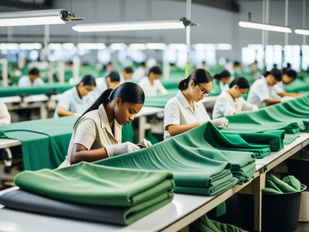 Trabajadores con etiquetas ecológicas en la moda, confeccionando prendas sostenibles en fábrica iluminada por luz natural