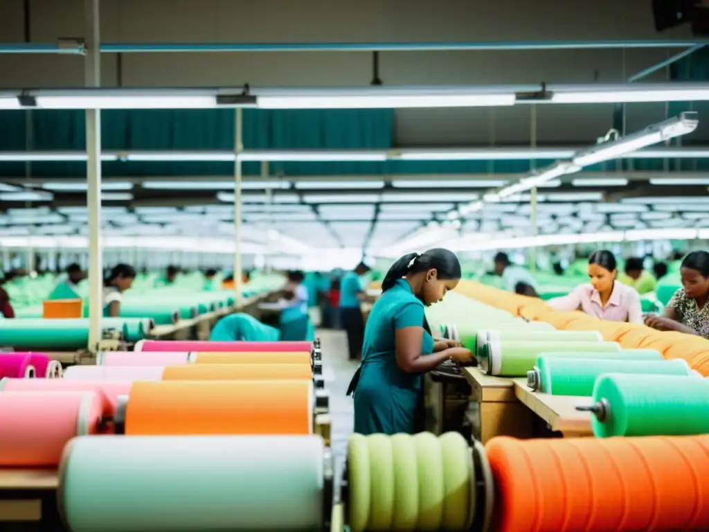 Trabajadores en fábrica con impacto cultural globalización moda sostenibilidad, creando prendas bajo luces fluorescentes