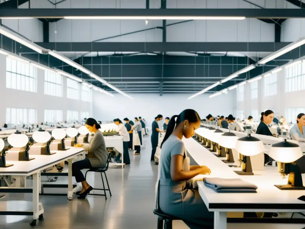 Trabajadores en fábrica de moda Everlane, ambiente de transparencia radical moda online, con luz natural y máquinas de coser