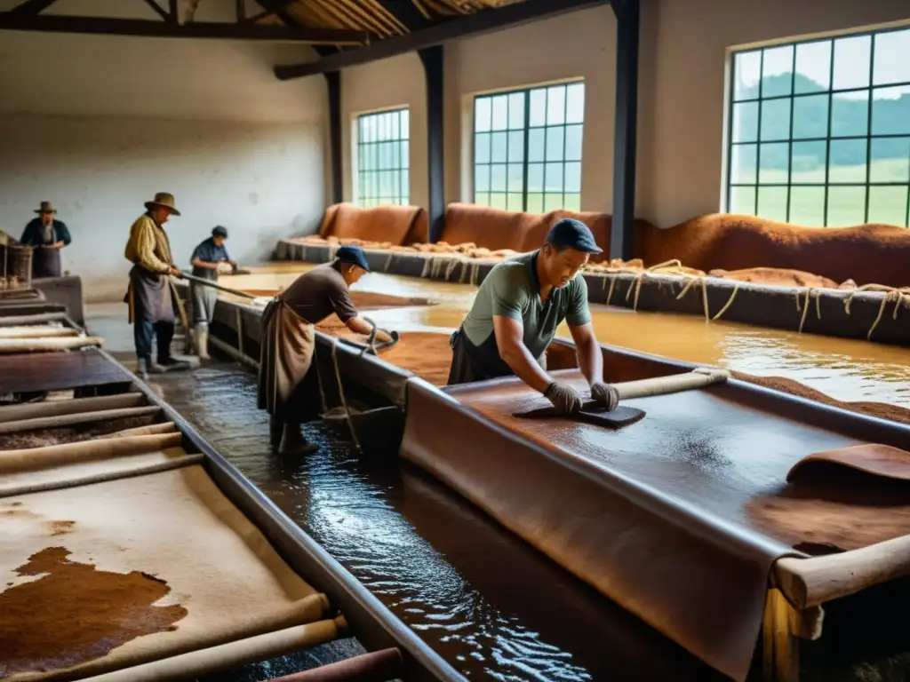 Trabajadores en tannery histórico usan métodos tradicionales para tratar cuero