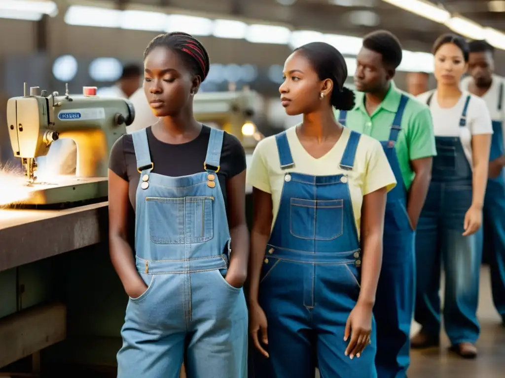 Trabajadores con influencia moda obrera cultura popular cosiendo en fábrica