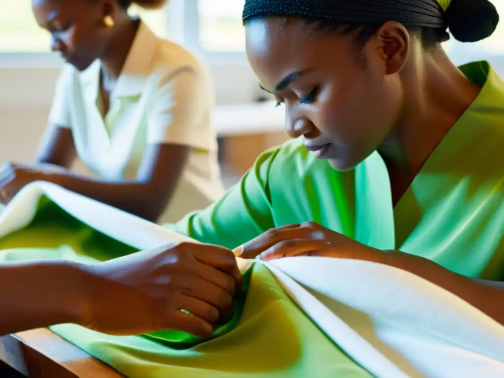 Trabajadores cosiendo a mano tela de algodón orgánico para la moda sustentable de Stella McCartney, destacando el impacto ecológico