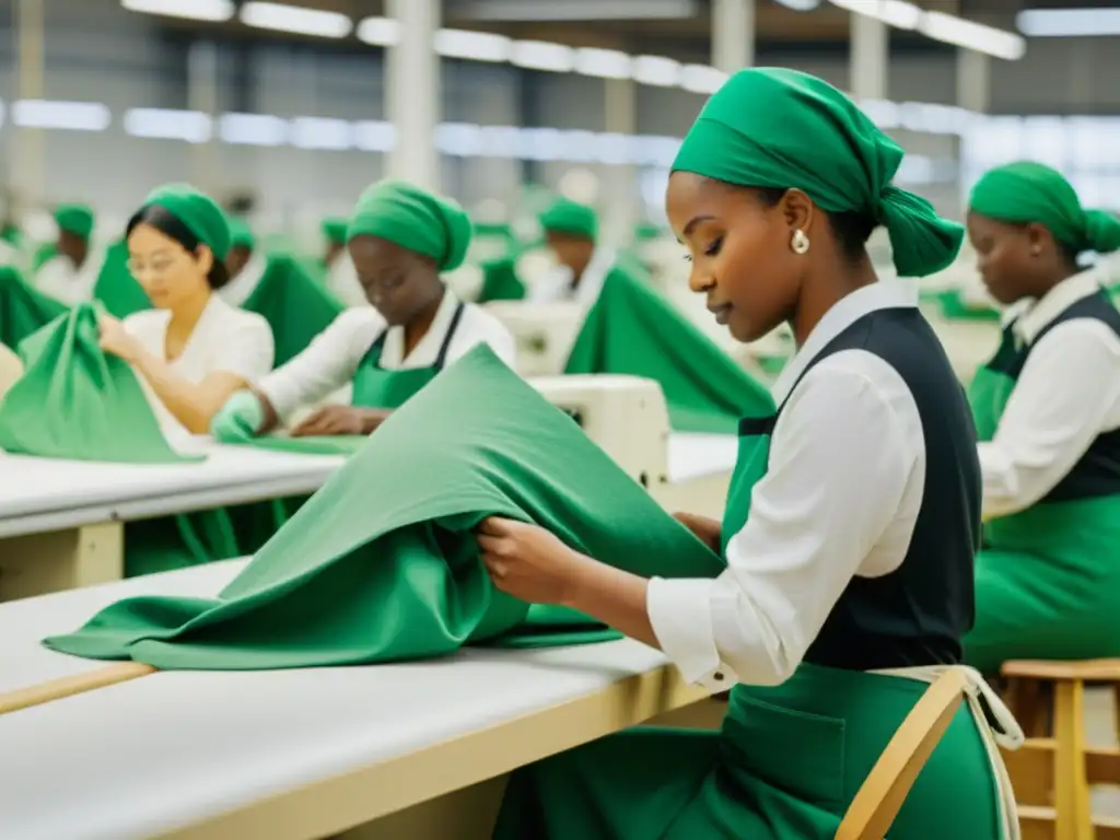 Trabajadores creando moda sostenible Reformation en fábrica moderna, destacando materiales innovadores como algodón orgánico y telas recicladas