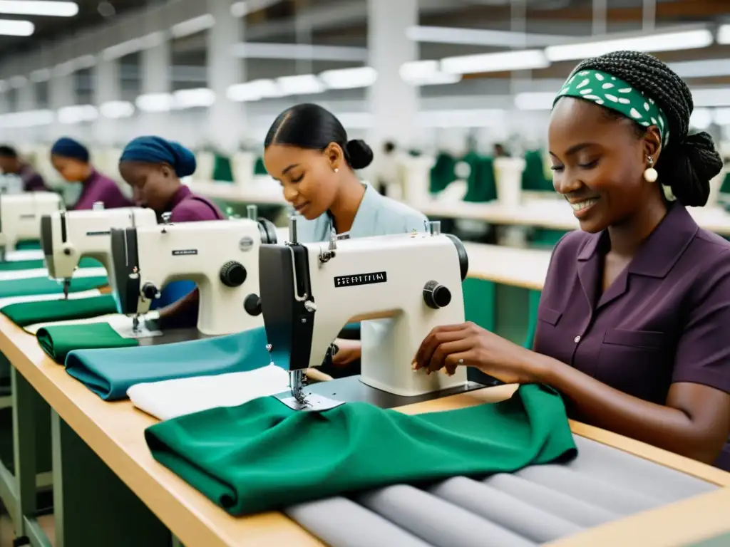 Trabajadores confeccionando moda sostenible Reformation propuesta innovadora en fábrica de ropa, rodeados de telas ecológicas y prendas terminadas