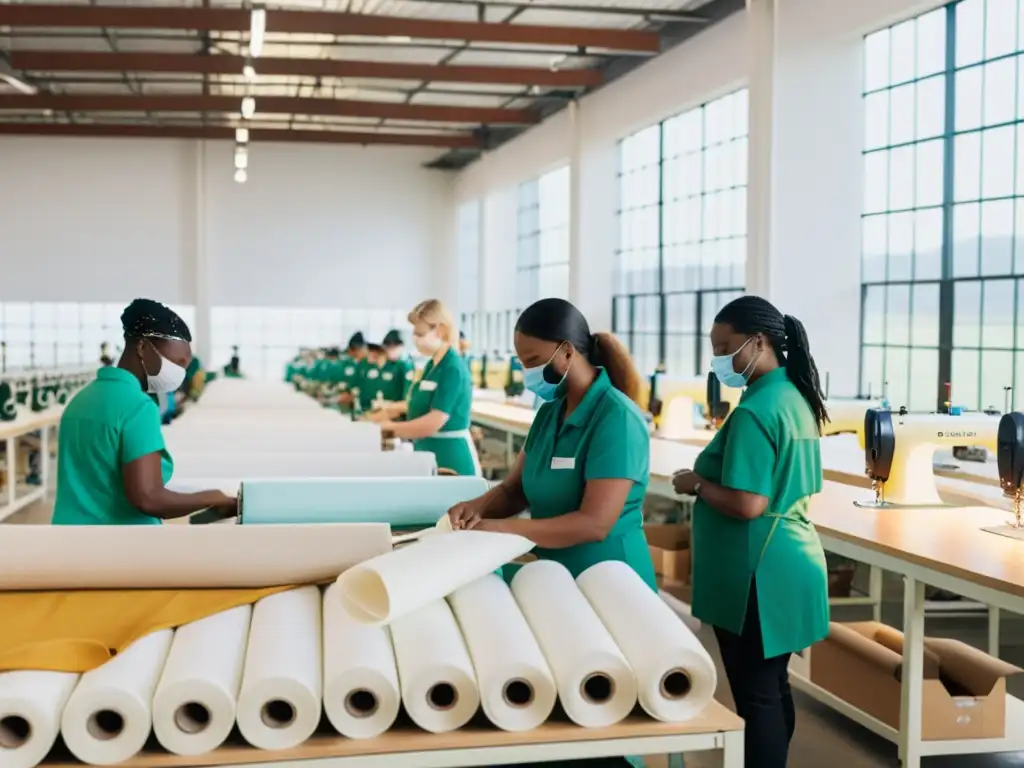 Trabajadores de moda ética Reformation inspeccionando y cosiendo telas sostenibles en fábrica luminosa