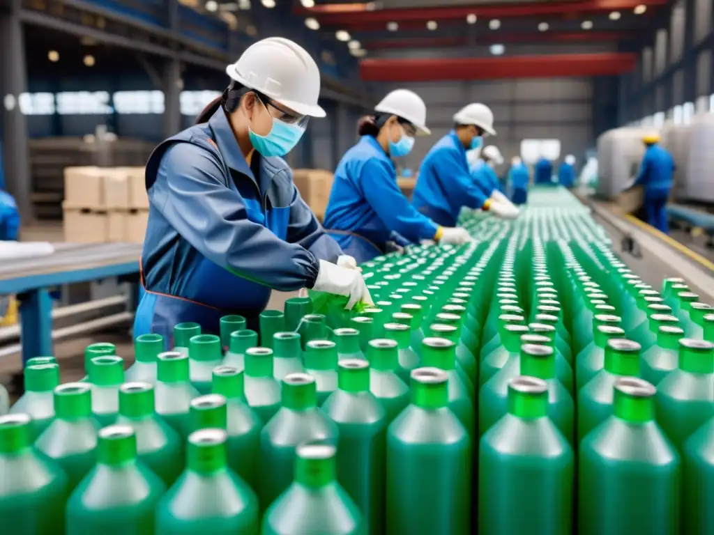 Trabajadores en moderna planta de reciclaje transformando botellas plásticas en ropa, con maquinaria avanzada y precisión industrial