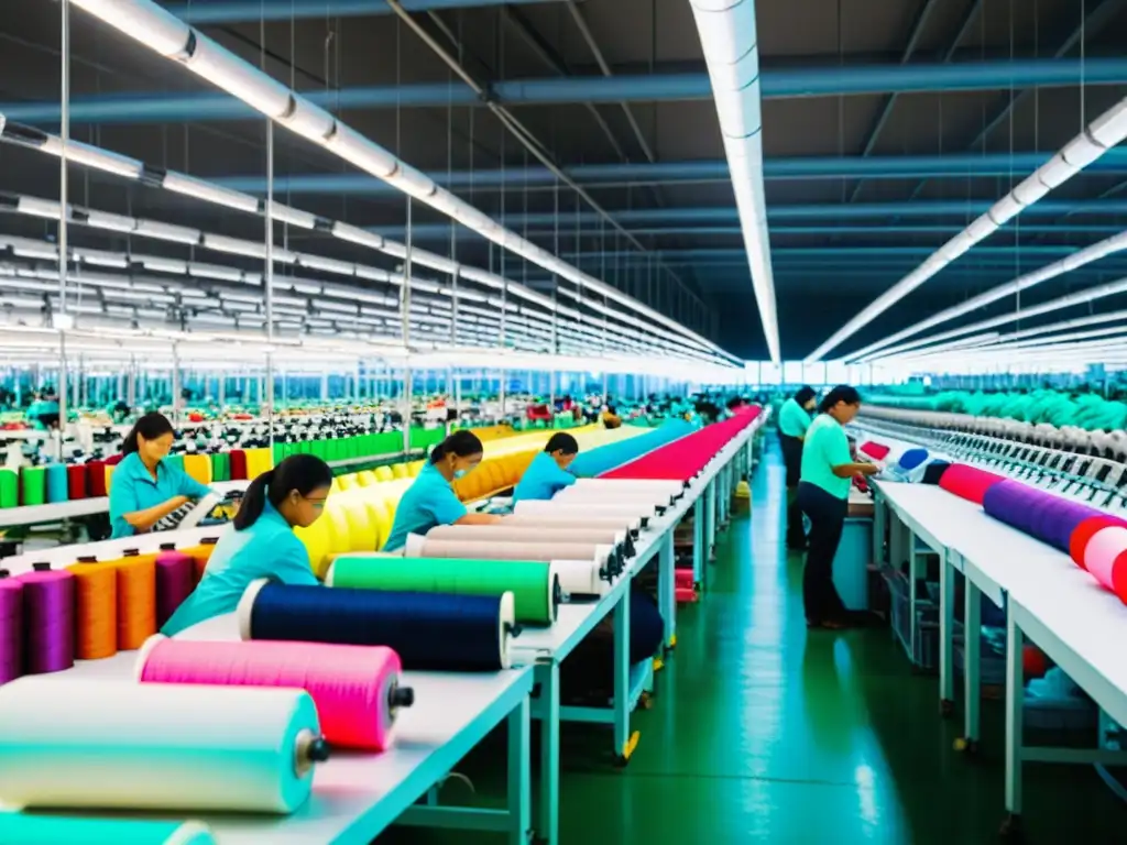 Trabajadores en fábrica de fast fashion rodeados de telas y máquinas de coser