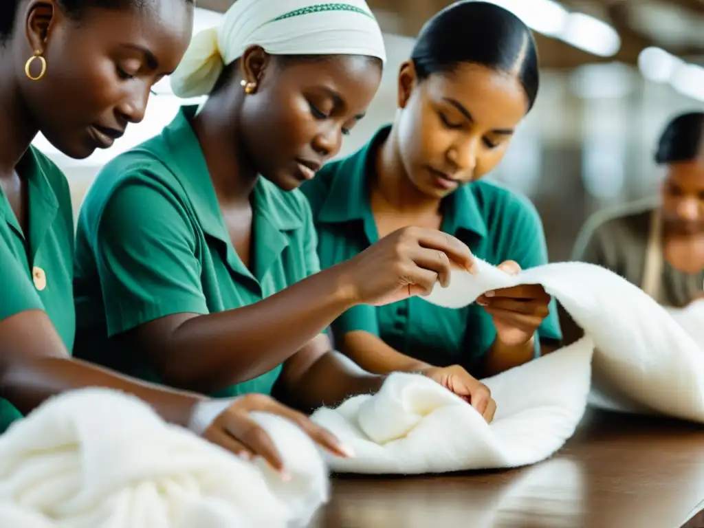 Trabajadores textiles inspeccionando minuciosamente el algodón orgánico para certificaciones sostenibles en la moda