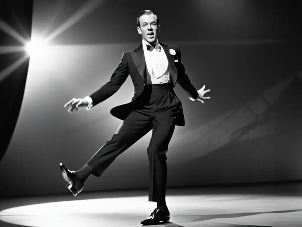 Fred Astaire en traje elegante, danzando con gracia atemporal