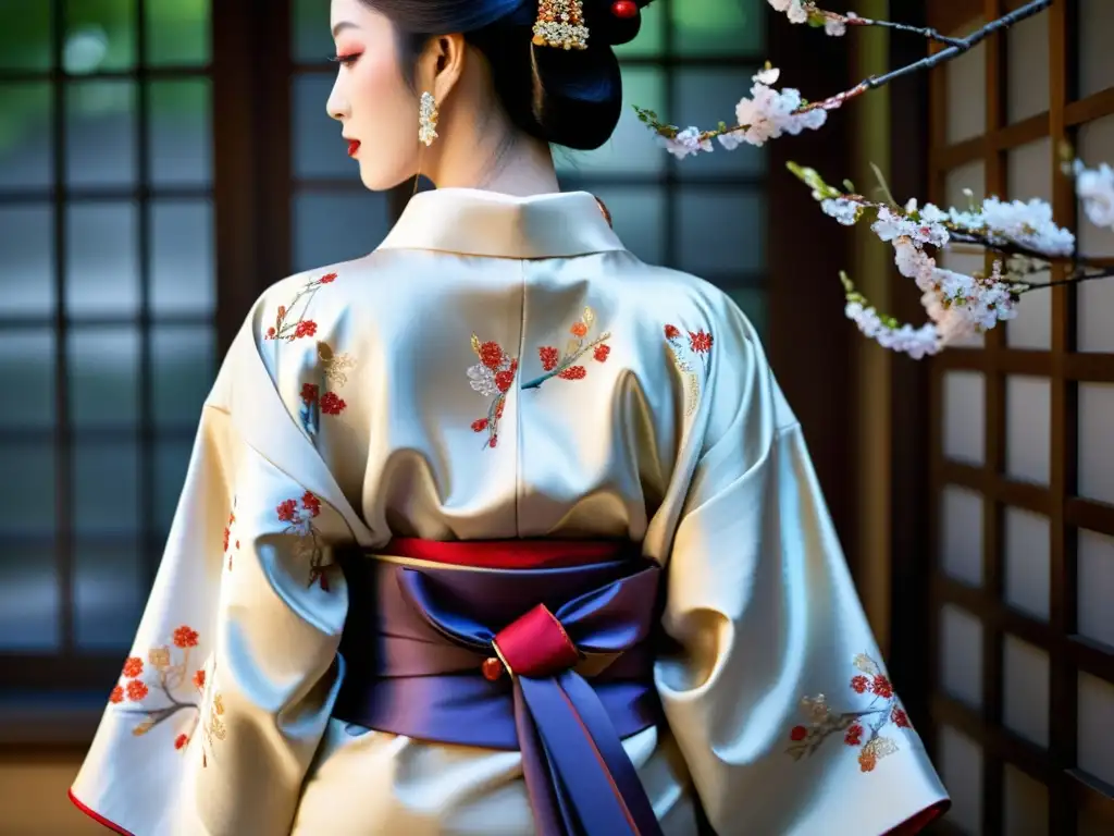 Traje de Geisha en la moda japonesa: Detalle del exquisito kimono de seda con diseño de cerezos en flor y obi decorado con bordados y hilos metálicos