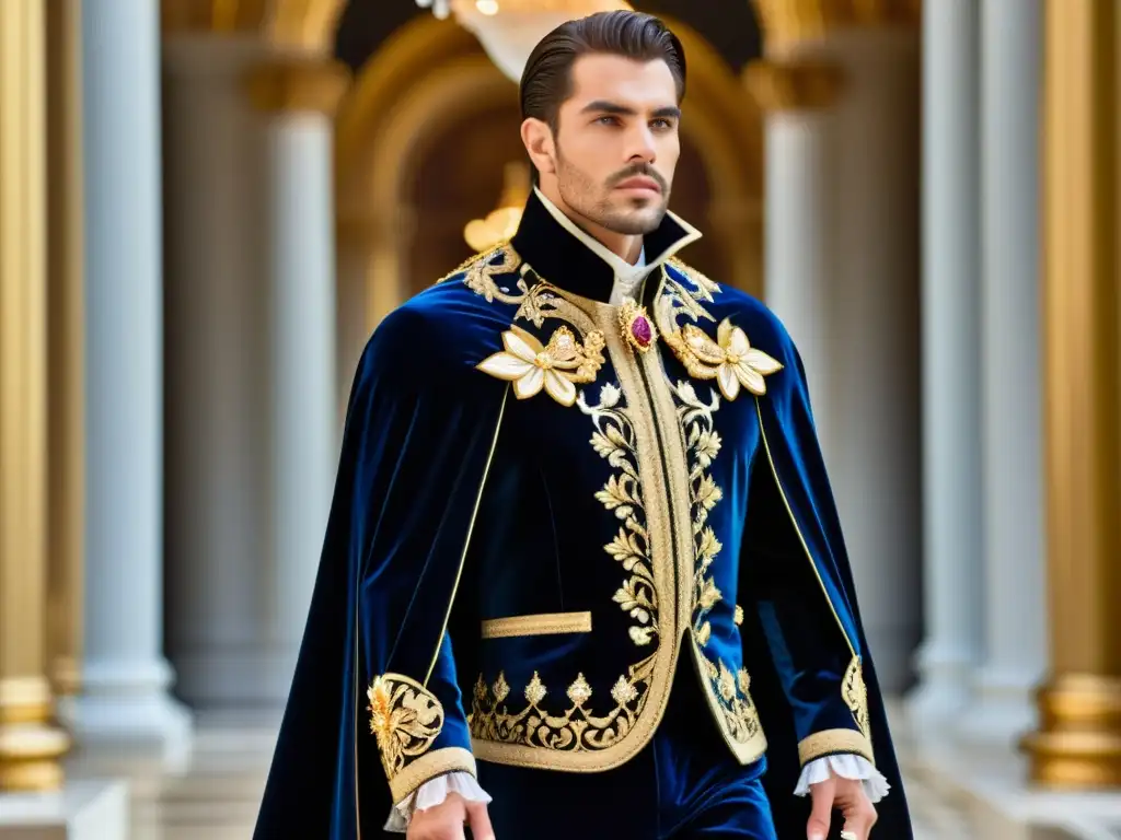 Un traje de hombre inspirado en el barroco con detalles ornamentados y una capa dramática, en un escenario arquitectónico opulento