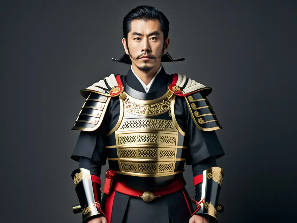 Una evolución del traje desde Japón: armadura samurái tradicional y traje de negocios occidental, en contraste en un fondo minimalista