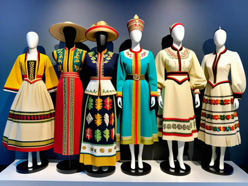 Exhibición de trajes típicos reflejo identidad cultural en museo iluminado, con detalles y colores vibrantes