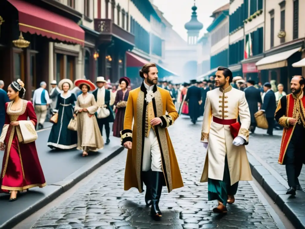 Traspaso de moda aristocrática a ciudadano común en bulliciosa calle urbana