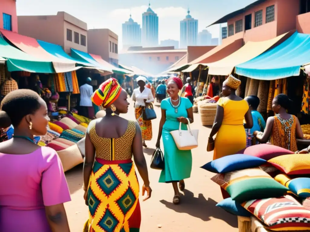 Travesía moda africana impacto cultural: Mercado bullicioso con mujeres vestidas de colores, creando un paisaje vibrante y diverso