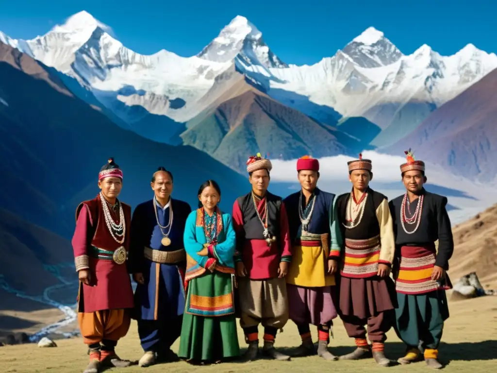 Vestimenta tribus Himalayas: miembros de una tribu con trajes tradicionales frente a montañas nevadas, mostrando su rica herencia cultural