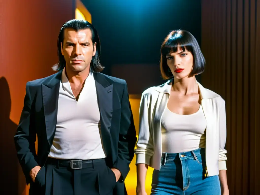 Pulp Fiction: Mia Wallace y Vincent Vega en icónica pose Uma Thurman como Mia Wallace y John Travolta como Vincent Vega, en una escena icónica de Pulp Fiction