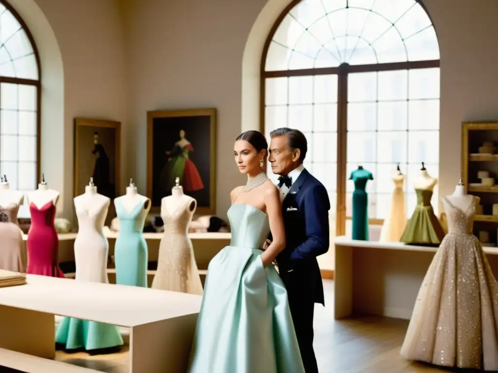 Valentino Garavani supervisa la creación de sus diseños icónicos en un bullicioso atelier de alta costura, rodeado de artesanos y lujosos tejidos, reflejando la vida y legado de Valentino en la moda de alto nivel