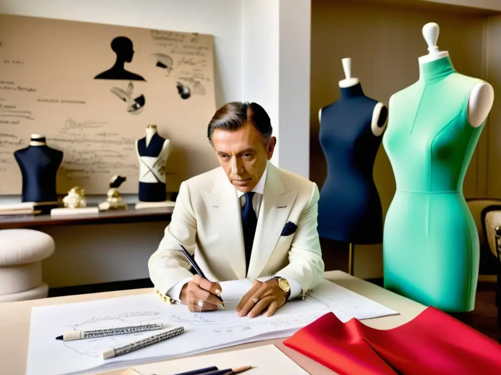 Valentino Garavani esboza un nuevo diseño en su atelier, rodeado de lujosas telas y bocetos de alta costura