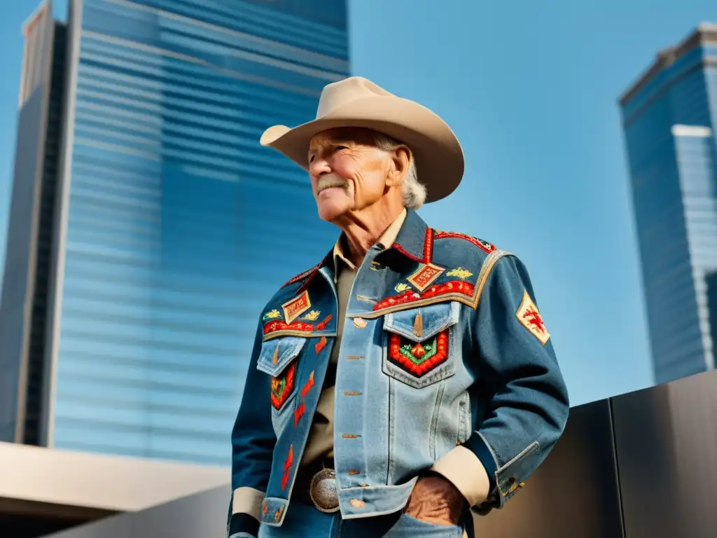 Un vaquero anciano con rasgos curtidos y una chaqueta de mezclilla adornada con bordados tradicionales, frente a un rascacielos de acero y vidrio