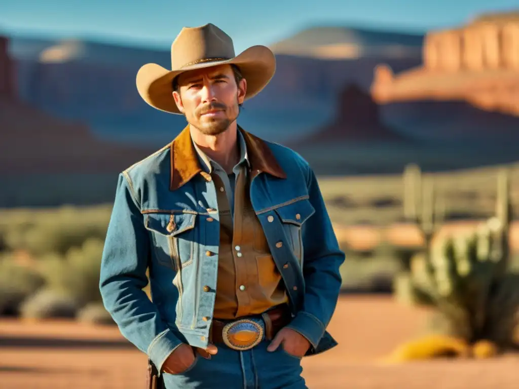 Un vaquero confiado, ataviado con moda western clásica, destaca en un vasto desierto soleado, resaltando el impacto del western en moda