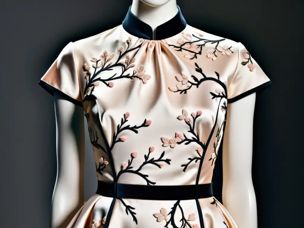 Un vestido de alta costura de Balenciaga con motivos de cerezo pintados a mano y delicados bordados de seda, fusionando influencias de diseño occidental y asiático