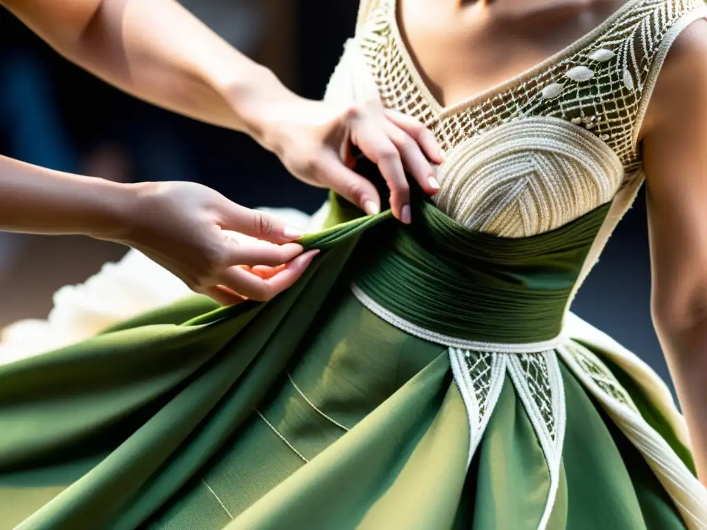 Un vestido de alta costura detalladamente bordado a mano con materiales ecológicos, evocando elegancia y sostenibilidad