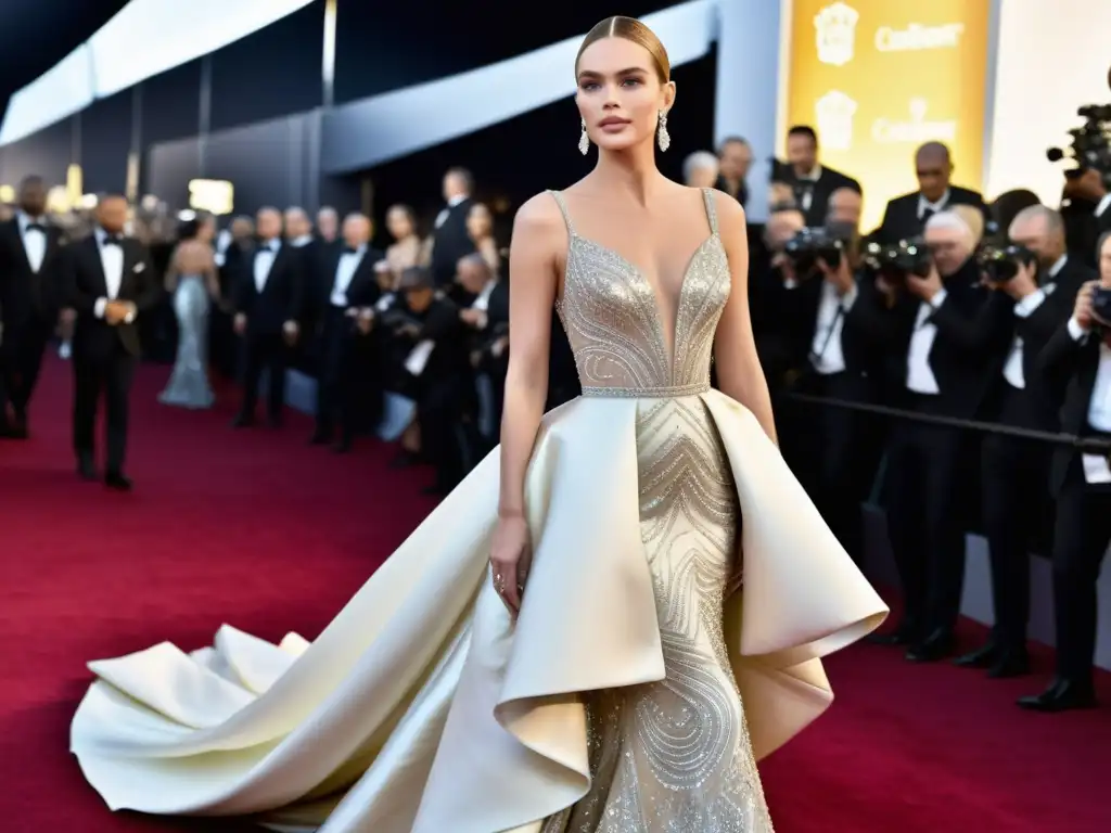 Vestido de alta costura deslumbrante en la alfombra roja, con detalles exquisitos y elegancia atemporal