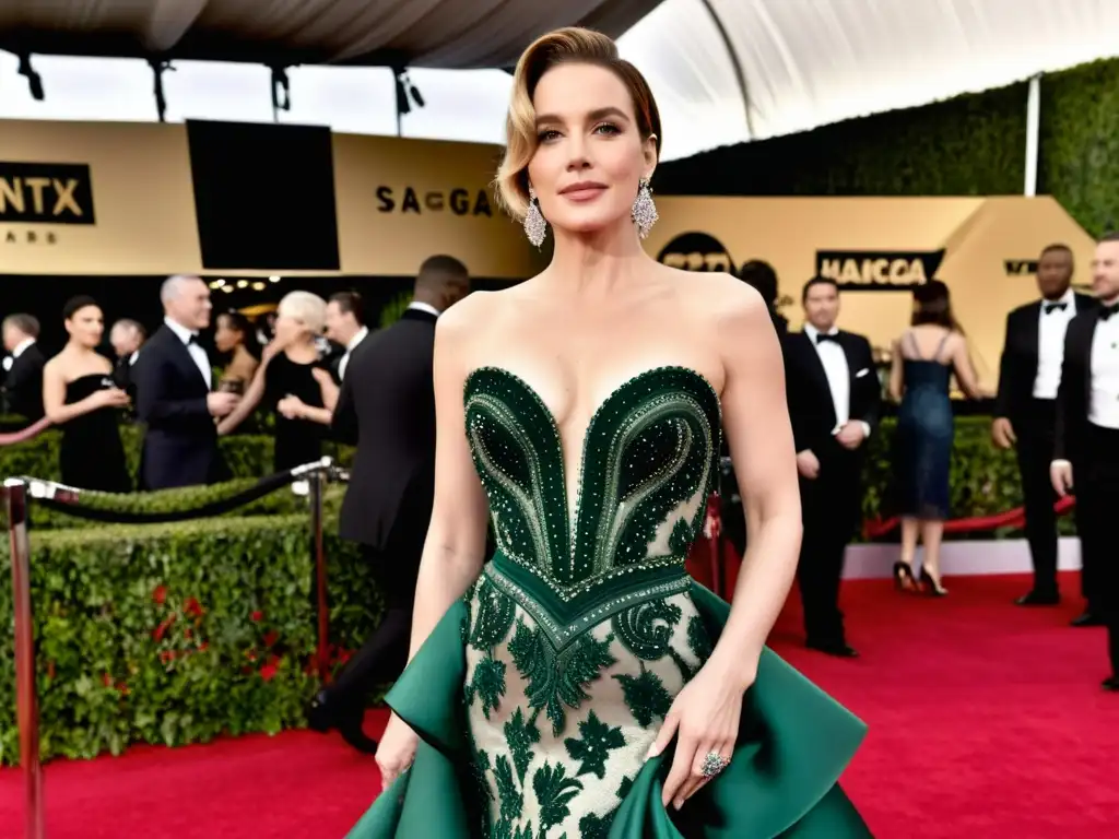 Vestido de alta costura deslumbrante en la alfombra roja de los Premios SAG, con detalles exquisitos y diseño opulento