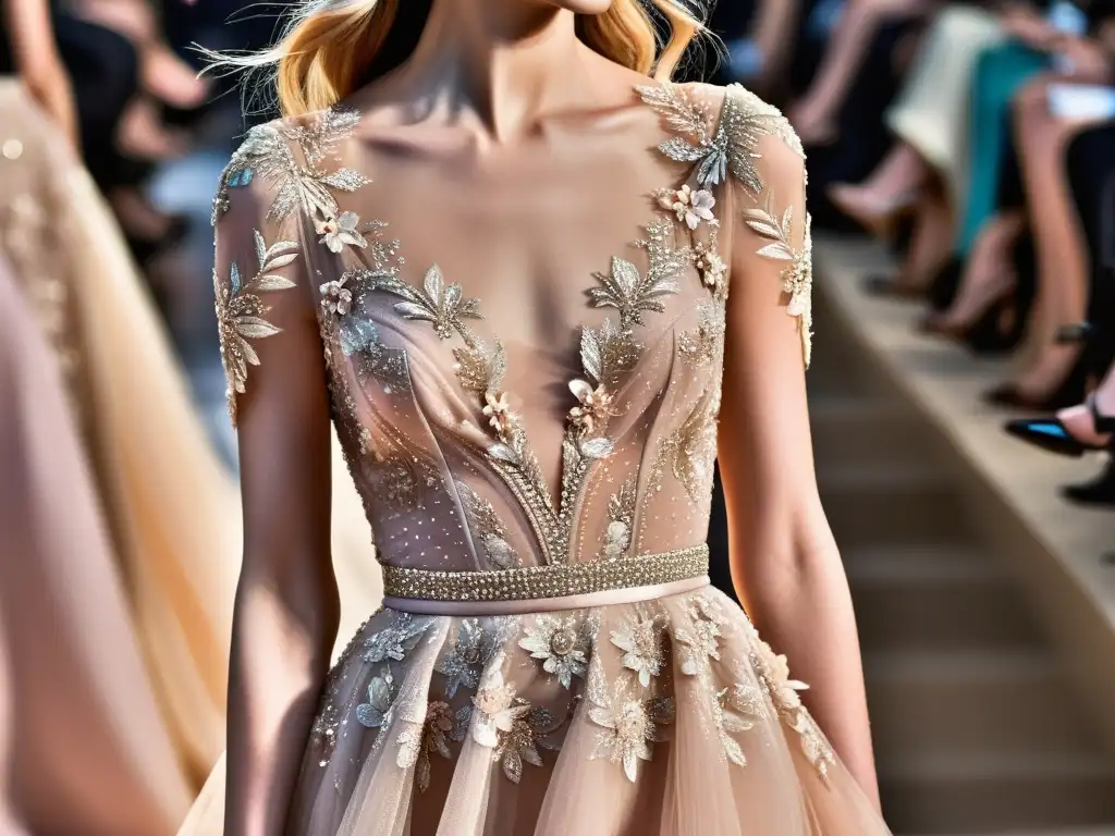 Un vestido de alta costura Elie Saab en tonos suaves y detalles florales, evocando el romanticismo en la Alta Costura