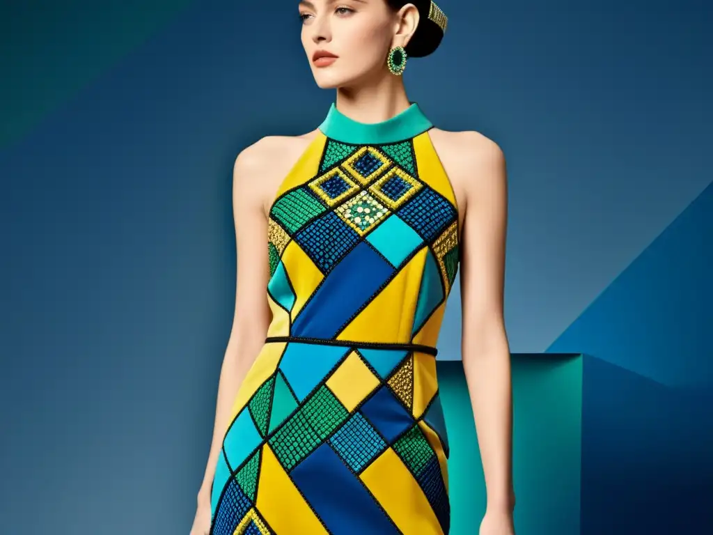 Vestido de alta costura inspirado en el movimiento cubista, fusionando arte y moda en Europa del siglo XX