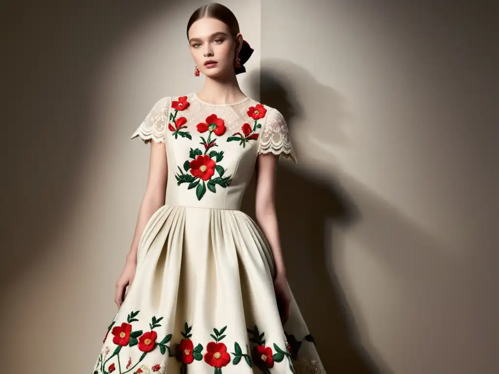 Un vestido de alta costura Valentino rojo deslumbrante, con bordados florales e intrincados detalles de encaje