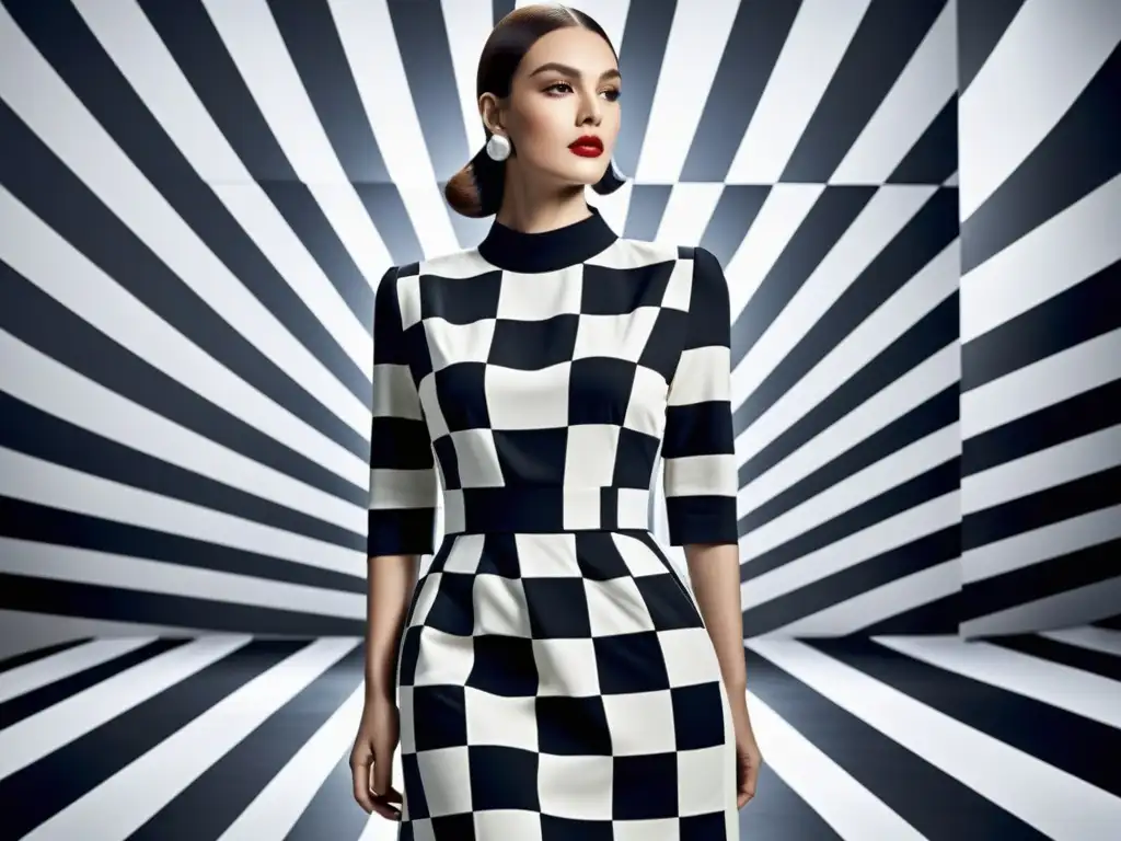 Vestido de Op Art en blanco y negro con impacto visual hipnótico, representando la fusión entre arte y moda