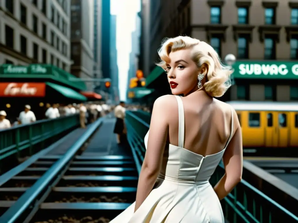 Marilyn Monroe en vestido blanco sobre rejilla del metro, evocando la icónica escena de 'La comezón del séptimo año'