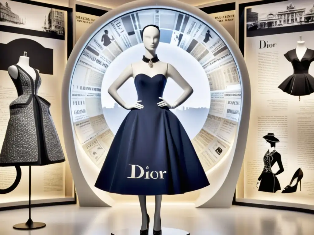 Un vestido clásico del New Look de Dior exhibe elegancia atemporal y diseño revolucionario en una escena vintage de anuncios y bocetos de la marca