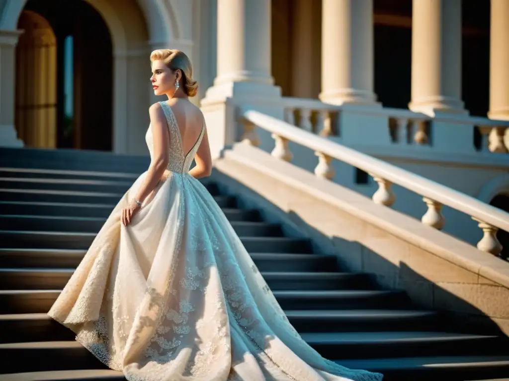 Grace Kelly con un vestido elegante en Mónaco, reflejando su estilo atemporal y elegancia icónica